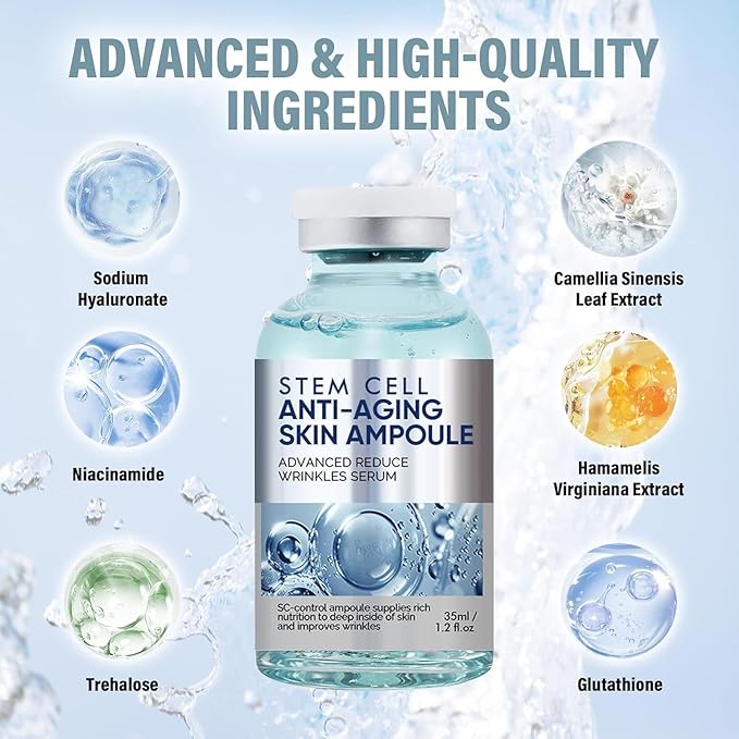 Stem Cell Serum for Face, Microneedling Serum, Stem Cell Solution Ampoule to Use with and without Micro Needling, Anti Aging & Smooth Wrinkles, 1.2 OZ
