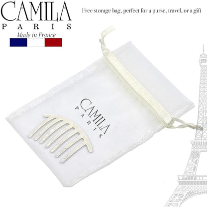 Camila Paris CP3185 French Handmade Side Comb Rounded, White, French Twist Hair Combs Decorative, Strong Hold Hair Clips for Women Bun Chignon Up-Do Styling Girls Hair Accessories Made in France