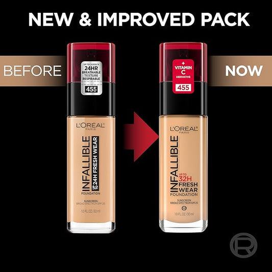 L'Oreal Paris Makeup Infallible Up to 32 Hour Fresh Wear Lightweight Foundation, 412 Warm Ivory, 1 Fl Oz, Packaging May Vary