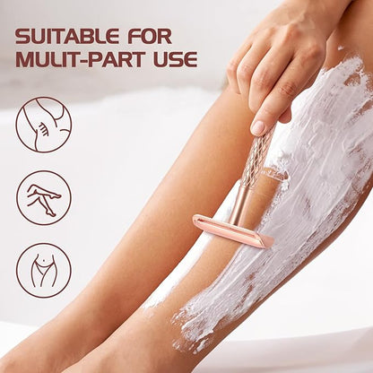 Double Edge Safety Razor for Women Rose Gold with Stand and Silicone Cover - Durable Metal Eco-Friendly Single Blade Safety Razor with 10 Blades- Closed Smooth Shave