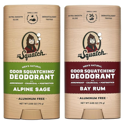 Dr. Squatch Natural Deodorant for Men - Odor-Squatching Aluminum Free - Alpine Sage & Bay Rum (2.65 oz, 2-Pack)