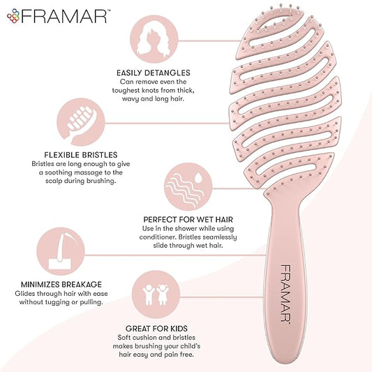 FRAMAR Vented Pink Hair Brush For Women – Flex Brush, Wet Hair Brush Detangler, Wet Hairbrush For Women, Detangle Brush, Brushes For Hair, Hairbrushes – Vented Design For Faster Drying Time