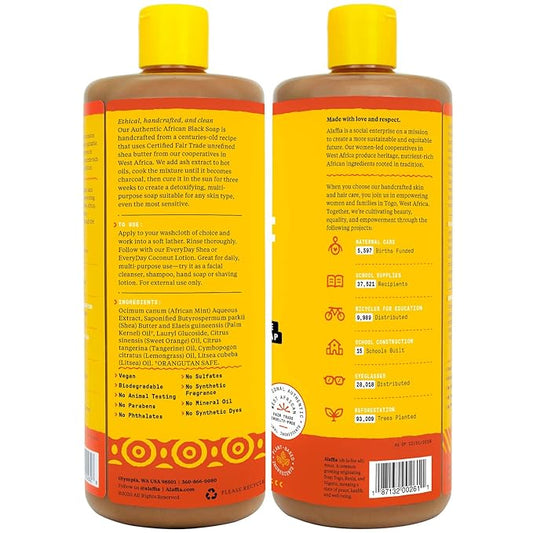 Alaffia Authentic African Black Soap, Tangerine Citrus, 2-Pack – All-in-One Moisturizing Cleanser for Face, Hands, Body & Hair, 32 Oz Ea