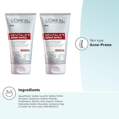 L'Oreal Paris Revitalift Bright Reveal Anti-Aging Facial Cleanser with Glycolic Acid 5 fl. oz (Pack of 2)