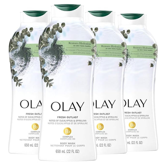 Olay Body Wash for Women, Fresh Radiance, Refreshing & Renewing, Made with Plant Based Cleansers, B3 Botanical Complex, For All Skin Types, Eucalyptus & Spirulina Scent, 22 fl oz (Pack of 4)