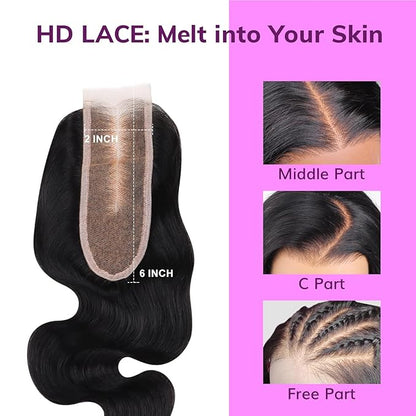 IDN BEAUTY SKINLIKE REAL HD 2X6 Lace Closure Human Hair 16 Inch Body Wave Closure Bleached Single Knots HD Closure Ultra-thin 2x6 Lace Closure Virgin Human Hair 0.1 mm Pre Plucked Hairline Closure