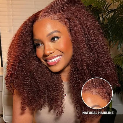 Beauty Forever Bye Bye Knots 7x5 Lace Front Wig Put on and Go Glueless Kinky Curly Human Hair Wigs,Reddish Brown Pre Cut Lace Closure Wigs Pre Plucked Hairline Pre Bleached Knots 150% Density 20inch