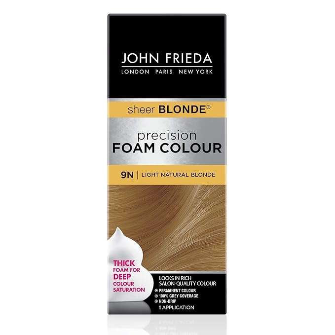 John Frieda Precision Foam Colour, Light Natural Blonde 9N, Full-Coverage Hair Color Kit, Anti-Fade Gray Coverage, Deep Color Saturation Hair Dye, 1 Application