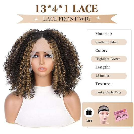 Quick Wig Curly Lace Front Wigs Short Kinky Curly Wig 13×4×1 HD Glueless Lace Curly Wig Highlight Synthetic Lace Wigs for Women Deep Wave Wig (4/27#)