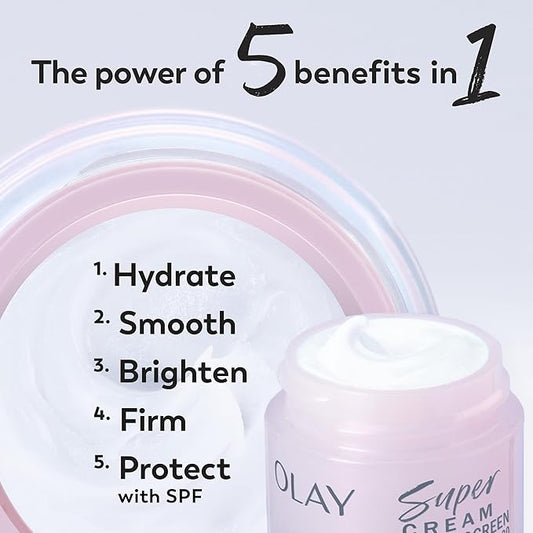 Olay Super Cream with Sunscreen SPF 30, 15 mL, Trial Size Ultra Lightweight Face Moisturizer - Vitamin C, Hyaluronic Acid, Niacinamide, Collagen Peptide - Hydrate, Smooth, Brighten, Firm, and Protect