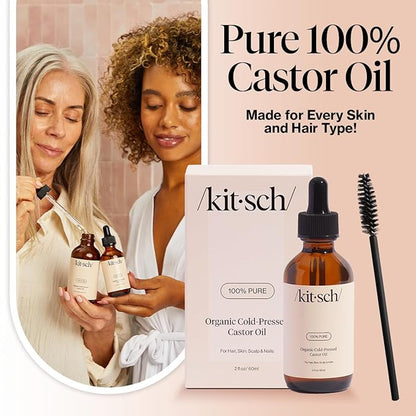 Kitsch Organic Castor Oil For Hair Growth, Castor Oil Organic Cold Pressed Unrefined Glass Bottle, 100% Pure, For Face, Skin, Lashes, Brows, Scalp, Nails & Belly Button, Hexane Free, USDA - 2oz