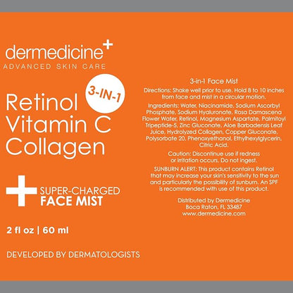 3 in 1 Super-Charged Anti-Aging Face Mist w/Retinol, Vitamin C + Collagen | Hydrates, Refreshes & Brightens for a More Glowing Complexion | 2 fl oz, 60 ml