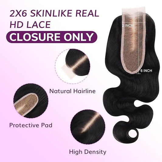 IDN BEAUTY SKINLIKE REAL HD 2X6 Lace Closure Human Hair 16 Inch Body Wave Closure Bleached Single Knots HD Closure Ultra-thin 2x6 Lace Closure Virgin Human Hair 0.1 mm Pre Plucked Hairline Closure