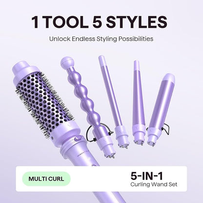 Wavytalk 5 in 1 Curling Iron,Curling Wand Set with Curling Brush and 4 Interchangeable Ceramic Curling Wand(0.5”-1.25”),Instant Heat Up,Include Heat Protective Glove & 2 Clips (Purple)