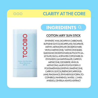 Cotton Airy Sun Stick SPF 50 Broad Spectrum Korean Matte Sunscreen Stick for Face - Travel Size Sebum Control Sunblock -Vegan, Lightweight, Non-Sticky 0.67 oz