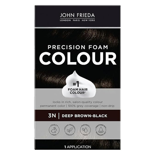 John Frieda Precision Foam Colour, Deep Brown Black 3N, Full-coverage Hair Color Kit, Anti-Fade Gray Coverage, Deep Color Saturation Hair Dye, 1 Application