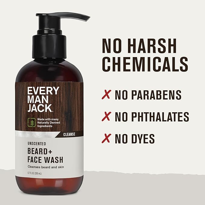 Every Man Jack Unscented Beard + Face Wash - Fragrance Free for Sensitive Skin - Naturally Cleanse and Condition Your Beard and Skin - 6.7-ounce (2 pack)