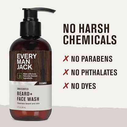 Every Man Jack Unscented Beard + Face Wash - Fragrance Free for Sensitive Skin - Naturally Cleanse and Condition Your Beard and Skin - 6.7-ounce (2 pack)