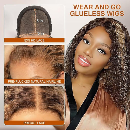 Wear And Go Glueless Wigs Human Hair Pre Plucked Pre Cut 4/27 Highlight Curly Bob Lace Closure Wigs 5x5 HD Lace Closure Wigs Human Hair For Black Women 180% Density Water Wave Lace Front Wig 12 Inch