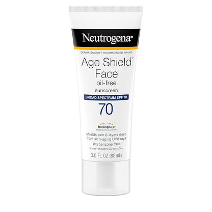 Neutrogena Age Shield Face Oil-Free Sunscreen Lotion with Broad Spectrum SPF 70, Non-Comedogenic Moisturizing Sunscreen to Help Prevent Signs of Aging, PABA-Free, 3 fl. oz (Pack of 3)