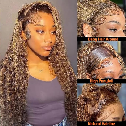 CHEETAHBEAUTY #4/27 Ombre Highlight Deep Wave 13X6 HD Transparent Lace Front Wigs Human Hair Brazilian Deep Curly Wigs for Black Women Pre Plucked with Baby Hair 250% Density(34inch)