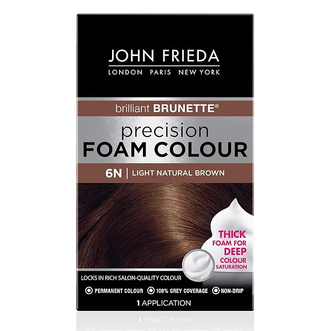 John Frieda Precision Foam Colour, Light Natural Brown 6N, Full-Coverage Hair Color Kit, Anti-Fade Gray Coverage, Deep Color Saturation Hair Dye, 1 Application