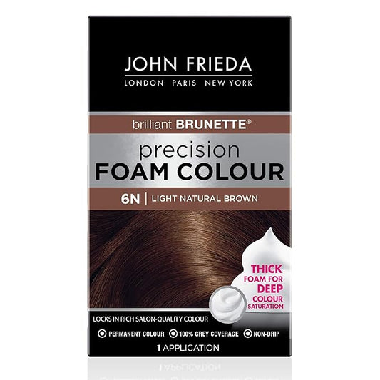 John Frieda Precision Foam Colour, Light Natural Brown 6N, Full-Coverage Hair Color Kit, Anti-Fade Gray Coverage, Deep Color Saturation Hair Dye, 1 Application