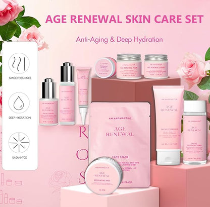 Mother's Day Gifts for Mom Skin Care Routine Kit for Women, Rose Essential Oil+Retinol+ Vitamin E, 10-Piece Complete Skin Care Set, Korean Skin Care Set, Birthday Gifts for Women