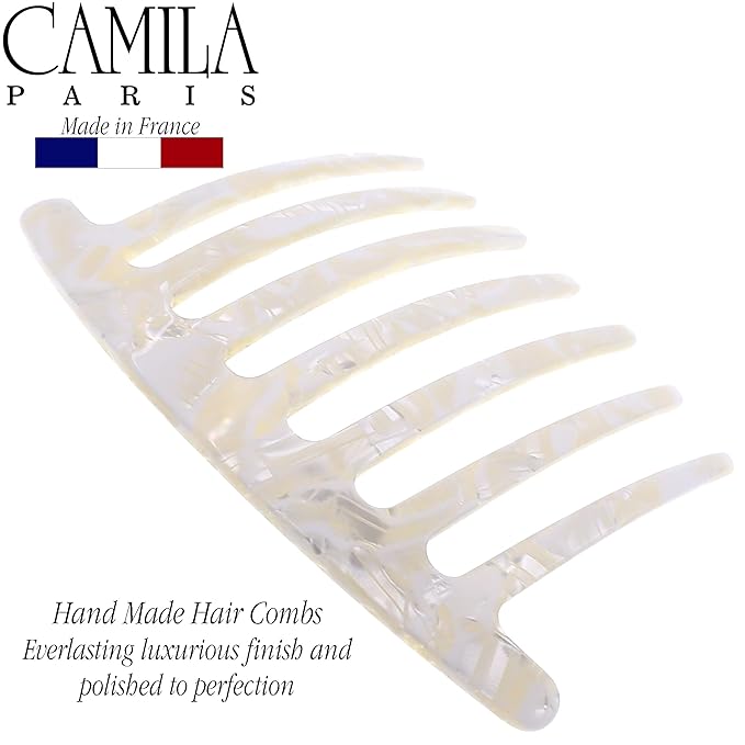 Camila Paris CP3185 French Handmade Side Comb Rounded, White, French Twist Hair Combs Decorative, Strong Hold Hair Clips for Women Bun Chignon Up-Do Styling Girls Hair Accessories Made in France