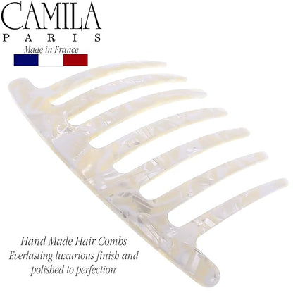 Camila Paris CP3185 French Handmade Side Comb Rounded, White, French Twist Hair Combs Decorative, Strong Hold Hair Clips for Women Bun Chignon Up-Do Styling Girls Hair Accessories Made in France