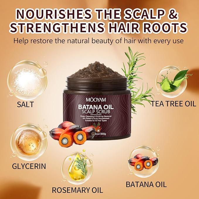 Scalp Scrub with Batana Oil, 2-in-1 Shampoo Scalp Exfoliator for Hair Treatment, Includes Silicone Scalp Massager, Removes Buildup & Dandruff, 10.6oz