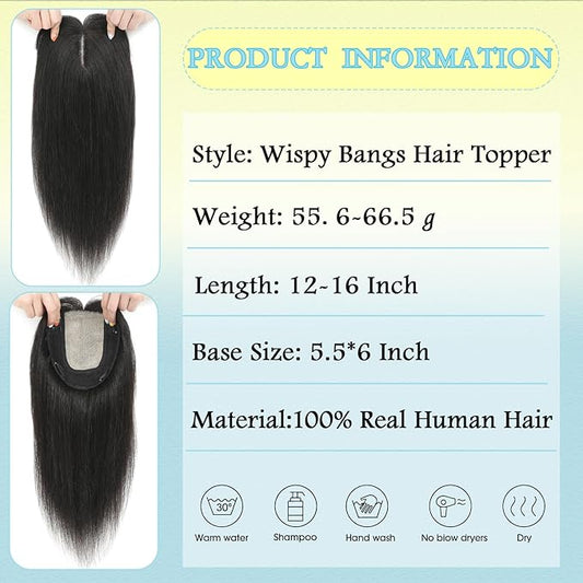 Hair Toppers for Women Real Human Hair, 360° 3D Toppers Pieces for Women with Thinning Crown Wispy Bangs 12 Inch Upgrade Big Basement (Natural Black, 12 Inch Wispy Bangs)