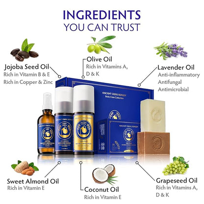 Organic Skin Care Gift Set, Spa Gifts for Women and Men - Lavender Scented Bath and Body Gift Basket with Body oil, Facial Cream, Foot Lotion and 2 Soap Bars with Soap Holder