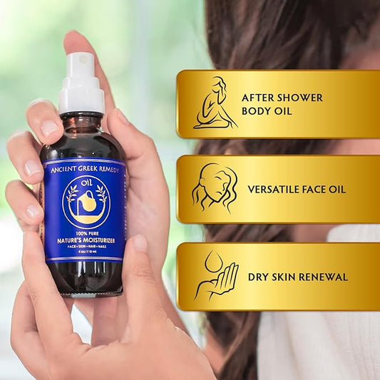 Ancient Greek Remedy After Shower Body Oil for Women - Organic Face Oil & Body Moisturizer for Dry Skin with Sweet Almond, Jojoba, Olive, Lavender and Vitamin E Oil - Natural Clean Skincare, 4 oz