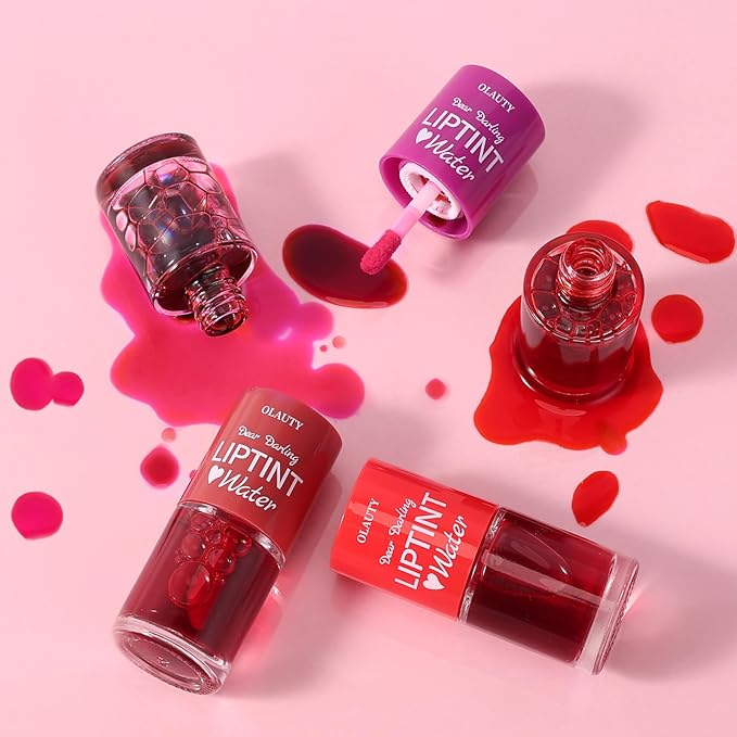 Lip Tint Stain Set, Korean Lip Tint Glossy Lip Stain Plumping Mini Liquid Lipstick, Multi-use Lip and Cheek Tint, Long-Wear Lip Stain Non-Stick Cup Lip Tint (Grapefruit + Grapes)