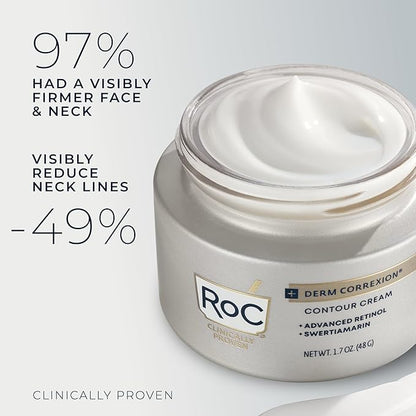 RoC Derm Correxion Neck Cream with Hyaluronic Acid and Advanced Retinol to visibly Tighten & Lift Horizontal Neck Lines, Facial Moisturiser to Contour Face, Neck + Jaw, (1.7 oz) with Retinol Packette