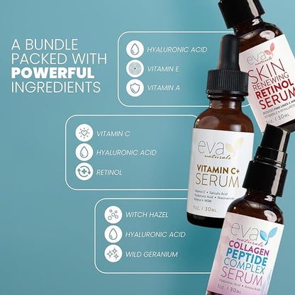 Eva Naturals Trifecta Serum Bundle - Vitamin C Plus, Collagen Peptide Serum, Retinol Serum - Serum Set for Collagen Boost, Anti Aging & Youthful Glowing Skin