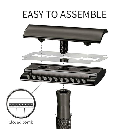 Bambaw Double Edge Safety Razor with 5 Safety Razor Blades, Single Blade Razor for Men with Razor Stand, Double Edge Razor, Safety Razors for Men - Black