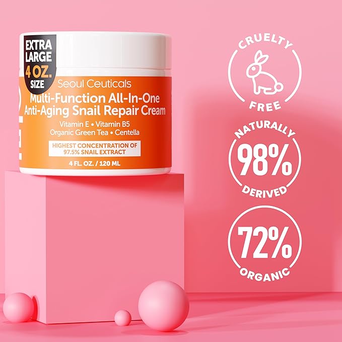 SeoulCeuticals Large 4oz 97.5% Snail Mucin Moisturizer Cream Korean Skin Care - K Beauty Skincare Day & Night Snail Repair Cream Filtrate Cruelty Free