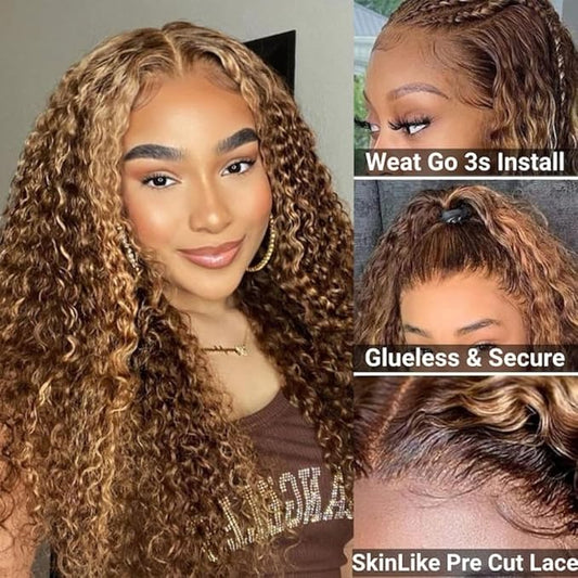 Beauty Forever Bye Bye Knots 7X5 Pre Cut Lace Honey Blonde Highlight Jerry Curly Put on Go Glueless Lace Front Wig,Mixed Color Invisible Knots Human Hair Wigs Pre Plucked Hairline 150% Density 20 Inch
