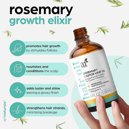 ArtNaturals Organic Rosemary & Castor Hair Growth Oil + Scalp Massager Set – Hair Styling Oils for Dry, Itchy Scalp, Thickening & Hydration - Scalp Oil Products For Damaged Hair & Split Ends – 4.0 oz