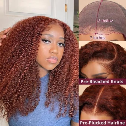 Beauty Forever Bye Bye Knots 7x5 Lace Front Wig Put on and Go Glueless Kinky Curly Human Hair Wigs,Reddish Brown Pre Cut Lace Closure Wigs Pre Plucked Hairline Pre Bleached Knots 150% Density 20inch