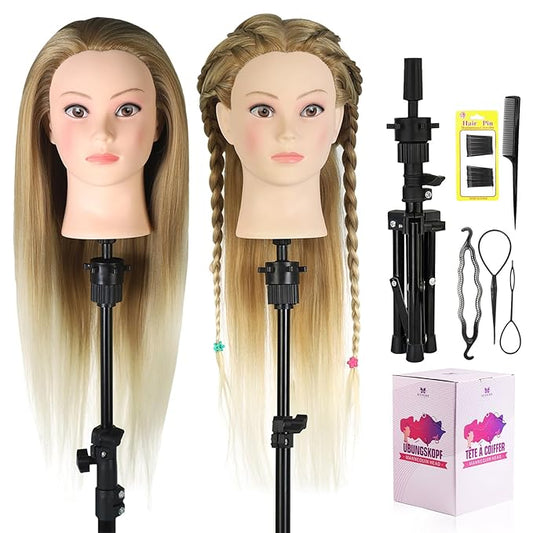 Neverland Beauty Mannequin Head with Hair and Wig Stand Tripod Set, 26 Inch Ombre Golden Mannequin Head with Stand Hair Braiding Cosmetology Manikin Head with Tripod For Braiding Styling