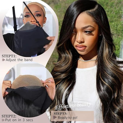 30 Inch Highlight Brown Synthetic Lace Front Wig for Women 4x1 Pre Plucked Long Body Wave Wig Synthetic Hair Natural Hairline Glueless Wigs for Beginners Middle Part for Daily Party Use
