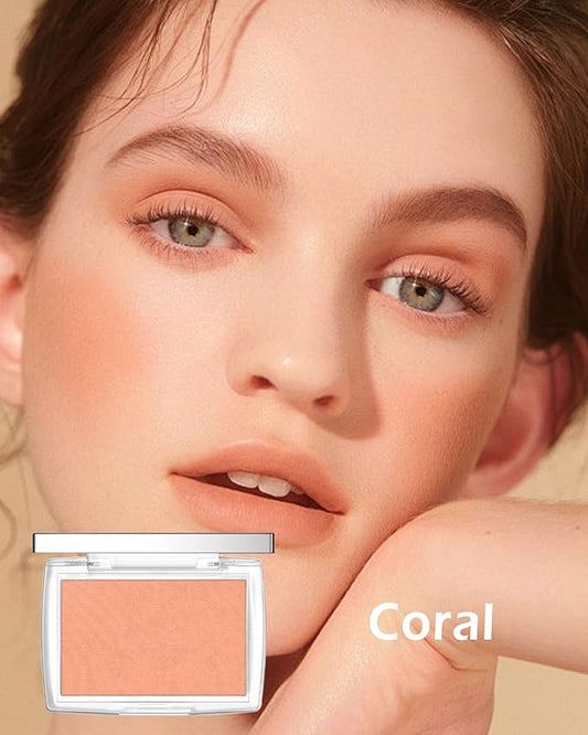 Powder Blush Palette, Matte Powder Makeup Blush for Cheeks, Natural Glow Face Blush Contour Palette, Lightweight, Smooth, Highly Pigmented Buildable Color, Long-lasting All-Day Face Enhancing -#Coral
