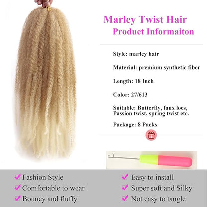 Marley Twist Braiding Hair 18 Inch 8 Packs – Long-Lasting Marley Hair, Fluffy&Tangle-Free Cuban Twist Hair for Braiding, Natural Look Synthetic Spring Afro Kinky Twist Hair Extensions (27/613)