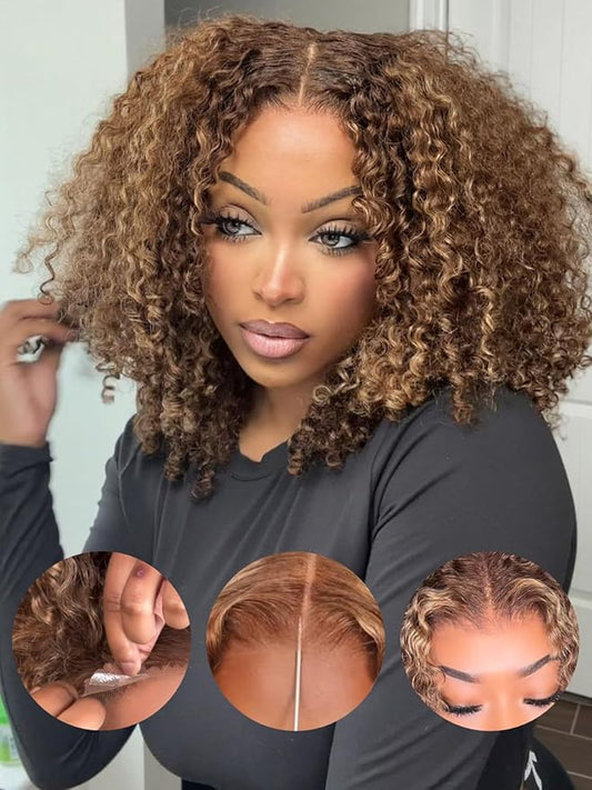 Sunber Curly Human Hair Lace Front Wig Put On and Go Bye Bye Knots Highlight Honey Blonde Curly 13x4 Lace Front Pre Cut Lace With Baby Hair 180% Density No Glue 3S Wear and Go 18Inch Beginner Friendly