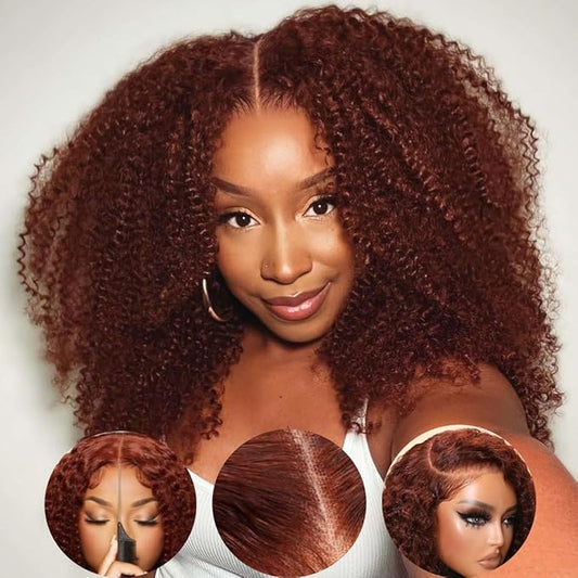 Beauty Forever Bye Bye Knots 7x5 Lace Front Wig Put on and Go Glueless Kinky Curly Human Hair Wigs,Reddish Brown Pre Cut Lace Closure Wigs Pre Plucked Hairline Pre Bleached Knots 150% Density 20inch