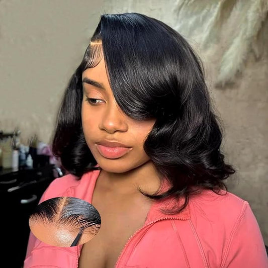 Body Wave Bob Wig Human Hair Wear and Go Glueless Wigs Human Hair Pre Plucked Pre Cut 200% Density 4x4 HD Lace Closure Wigs for Black Women 12 Inch