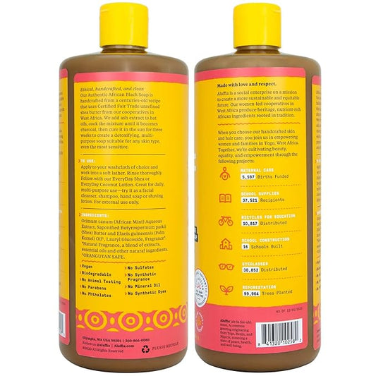 Alaffia Authentic African Black Soap, Rosewater Peony, 2-Pack – All-in-One Moisturizing Cleanser for Face, Hands, Body & Hair, 32 Oz Ea